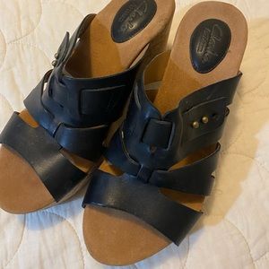 Clarks black cork wedge sandals